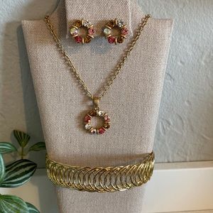 New 3 Pc Pink Rhinestone Earrings Necklace Bracelet set